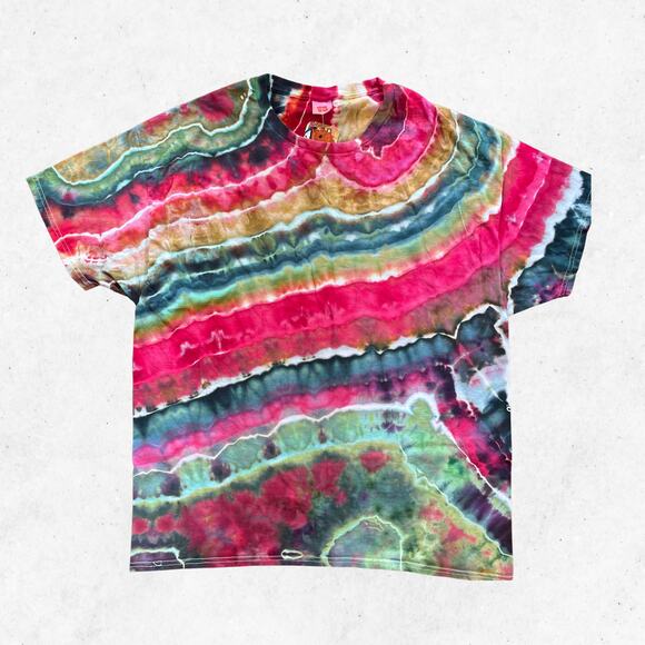 Tie Dyed Unisex T-shirt - Geode Ice Dye - Pink Green - Handmade (2XLarge) - Picture 1 of 12